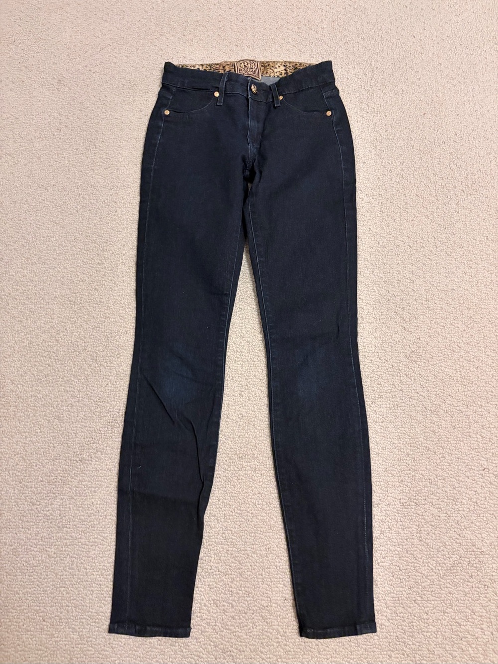 Vintage Rich & Skinny Jeans Size 24 Dark Rinse Leopard Waistband Y2K